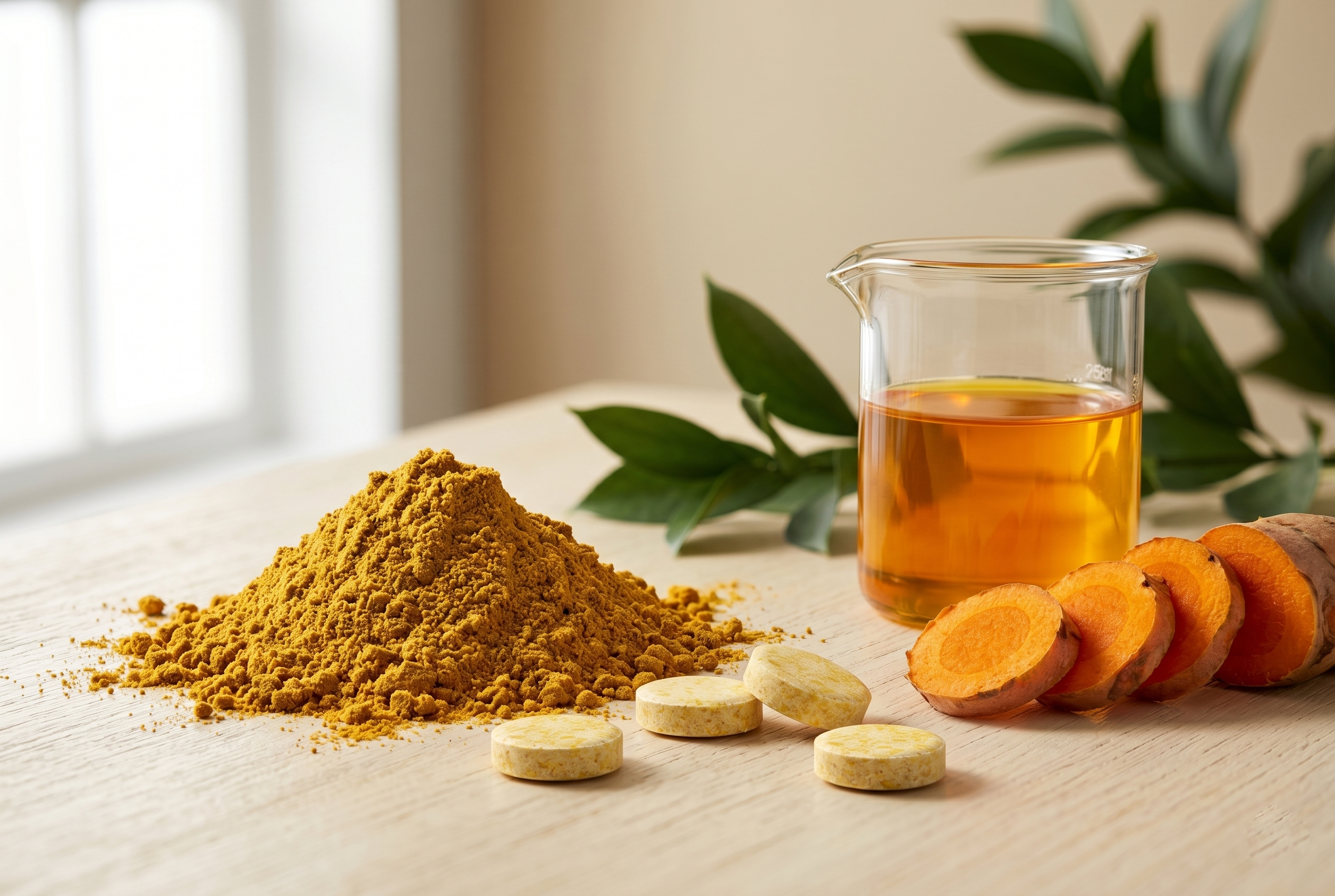 Golden turmeric powder, root slices, and a glass beaker of turmeric extract on a cream surface.