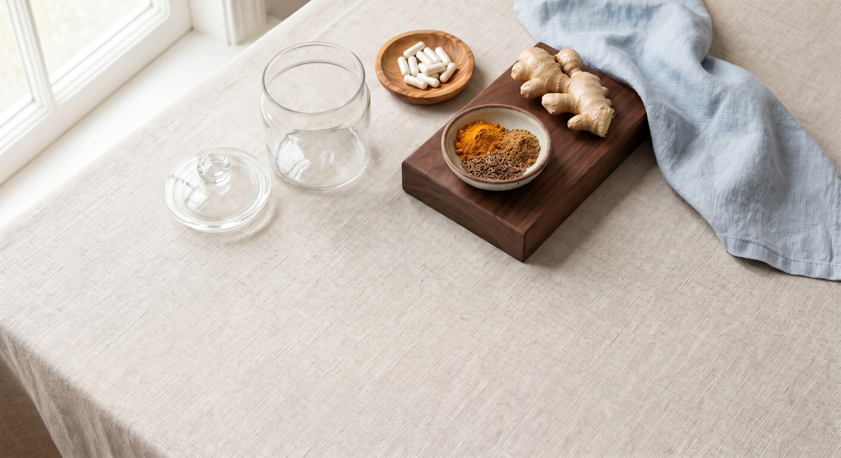 Ayurvedic spices, cardamom pods on a warm cream linen surface.