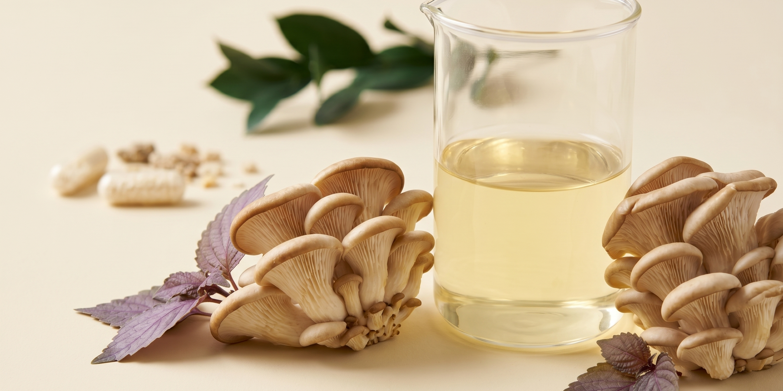 Fresh oyster mushrooms, perilla leaves, and a glass beaker of herbal liquid on a cream surface.