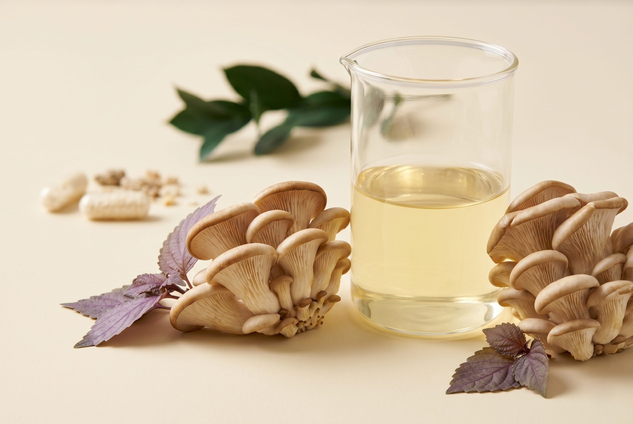 Fresh oyster mushrooms, perilla leaves, and a glass beaker of herbal liquid on a cream surface.