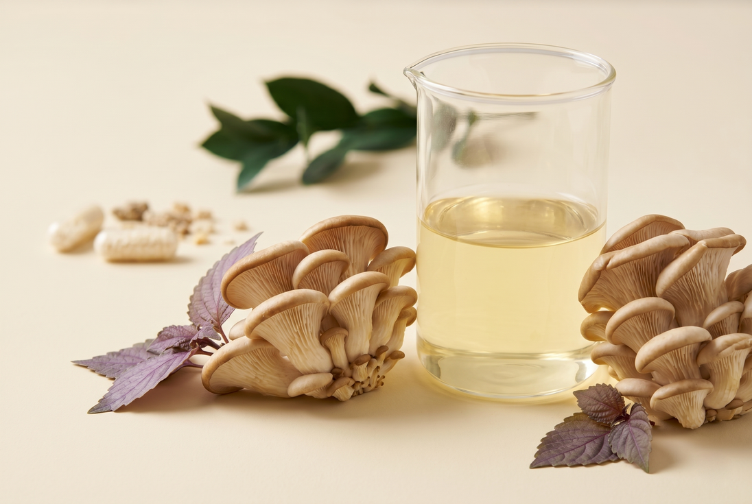 Fresh oyster mushrooms, perilla leaves, and a glass beaker of herbal liquid on a cream surface.