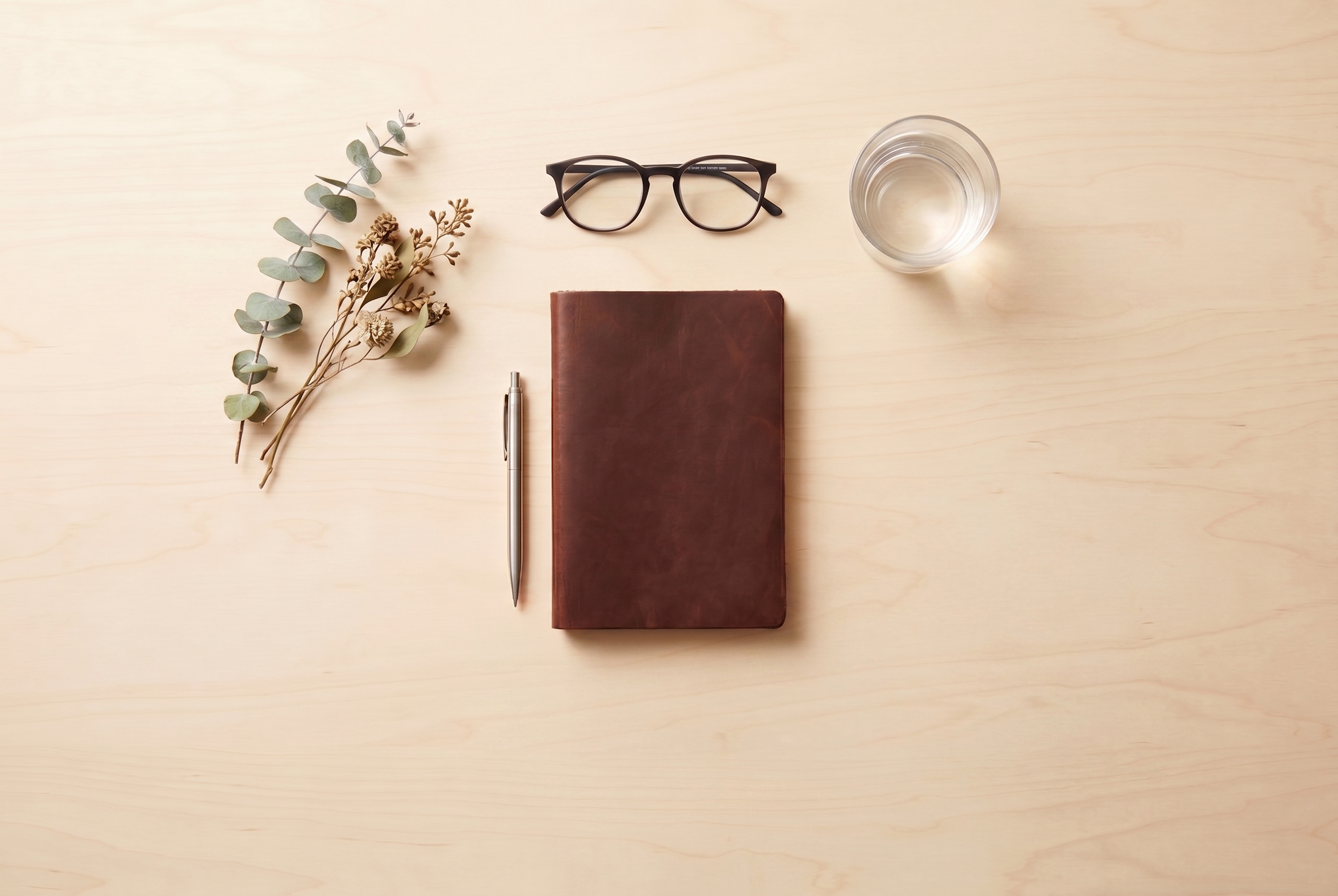 Overhead flat lay of a notebook, pen, reading glasses, and a glass of water on a wooden surface.