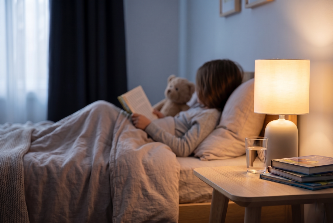 Child reading a book in bed with a teddy bear and warm nightstand lamp, illustrating a calming bedtime routine that supports healthy sleep in kids.