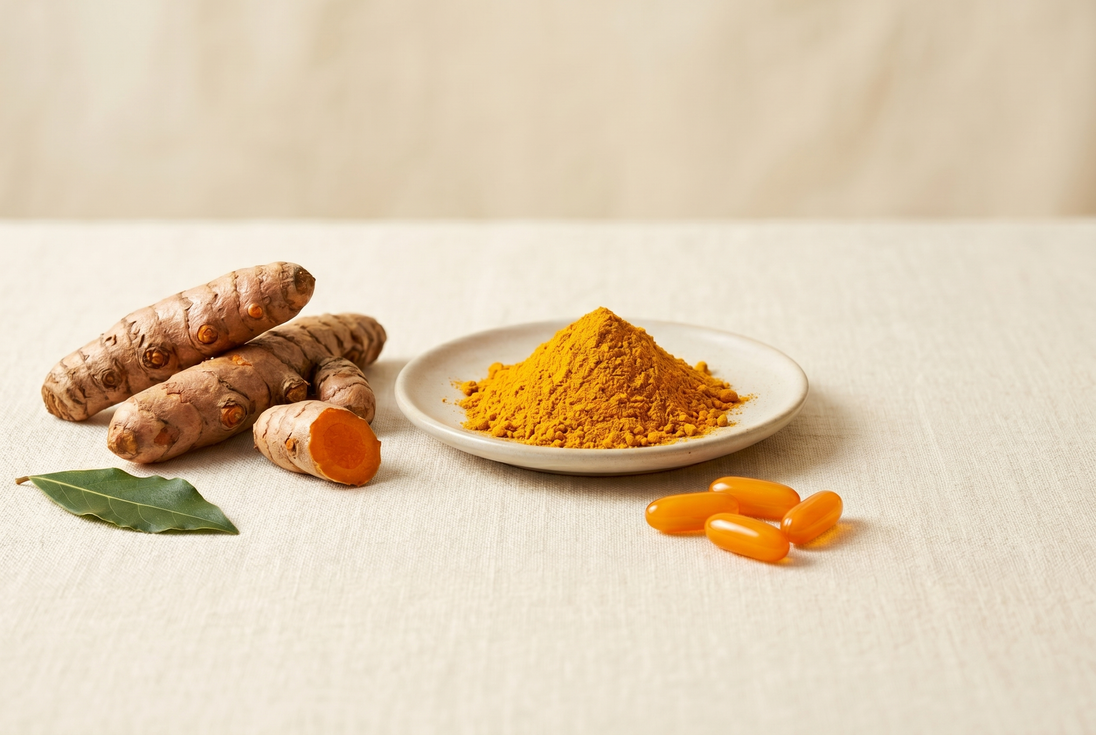Turmeric roots, powder, essential oil vial, and CuraMed softgels displayed on a cream backdrop.