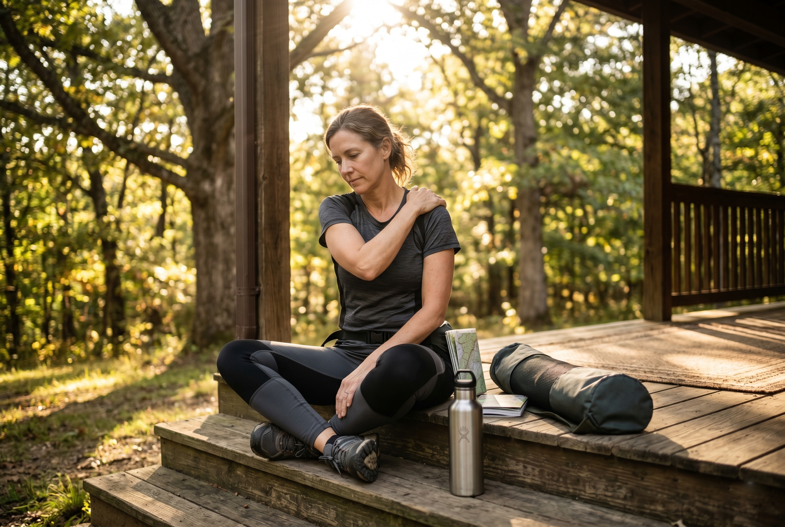 Mature adult in athletic wear resting on a porch step after exercise, composed and capable.