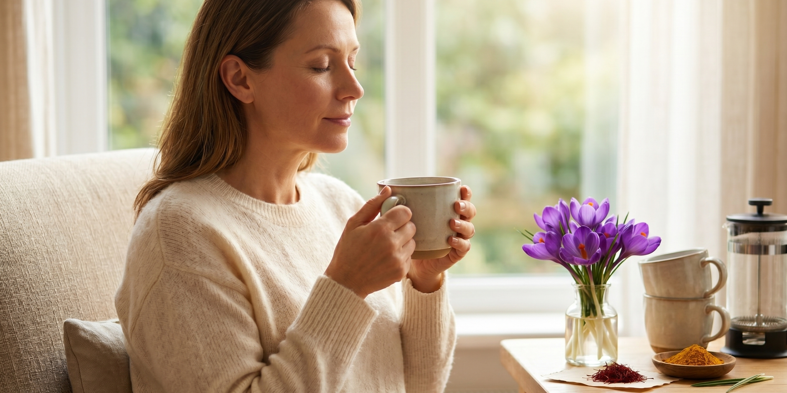 Calm woman holding a ceramic mug by a sunlit window, expression peaceful and grounded.