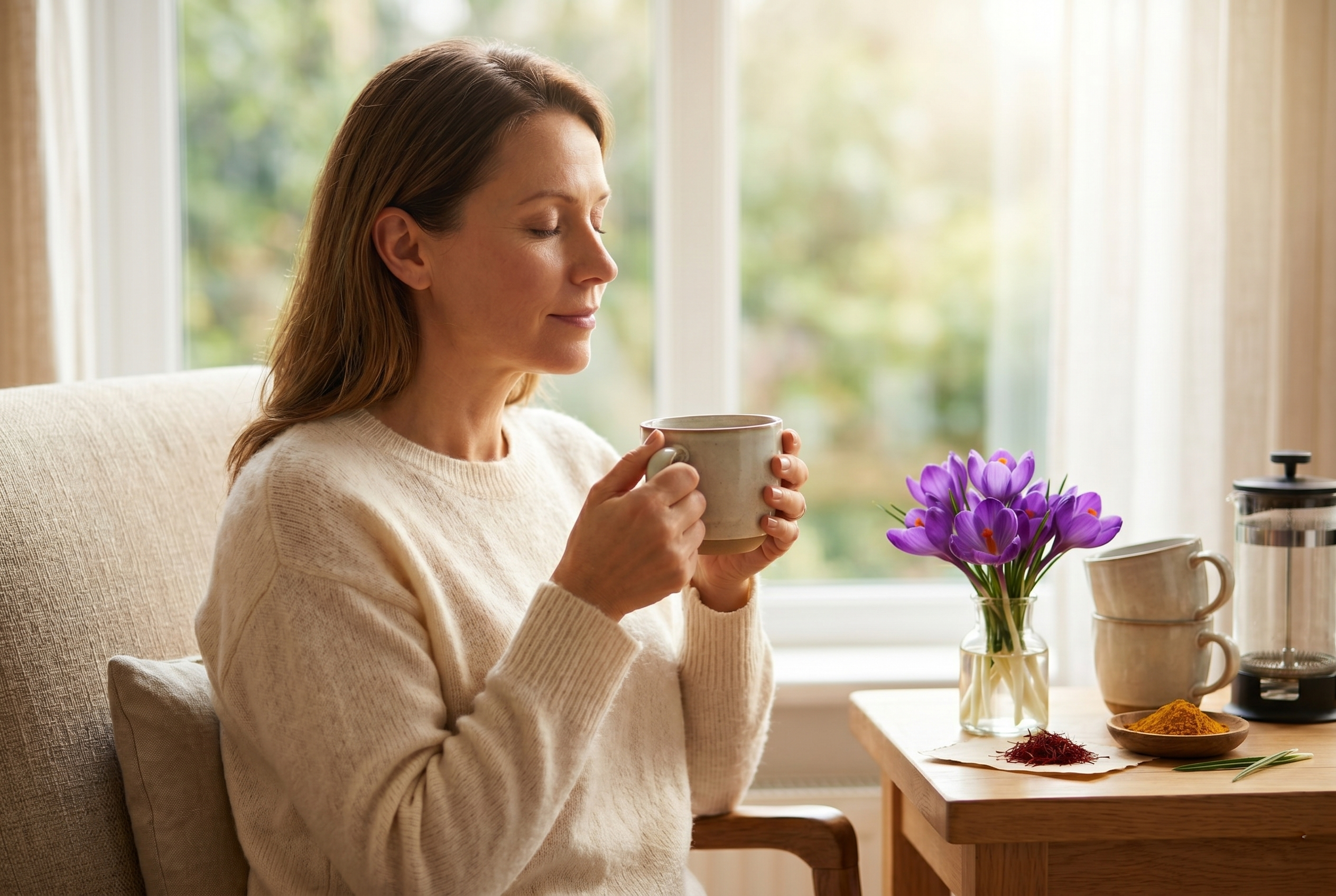 Calm woman holding a ceramic mug by a sunlit window, expression peaceful and grounded.