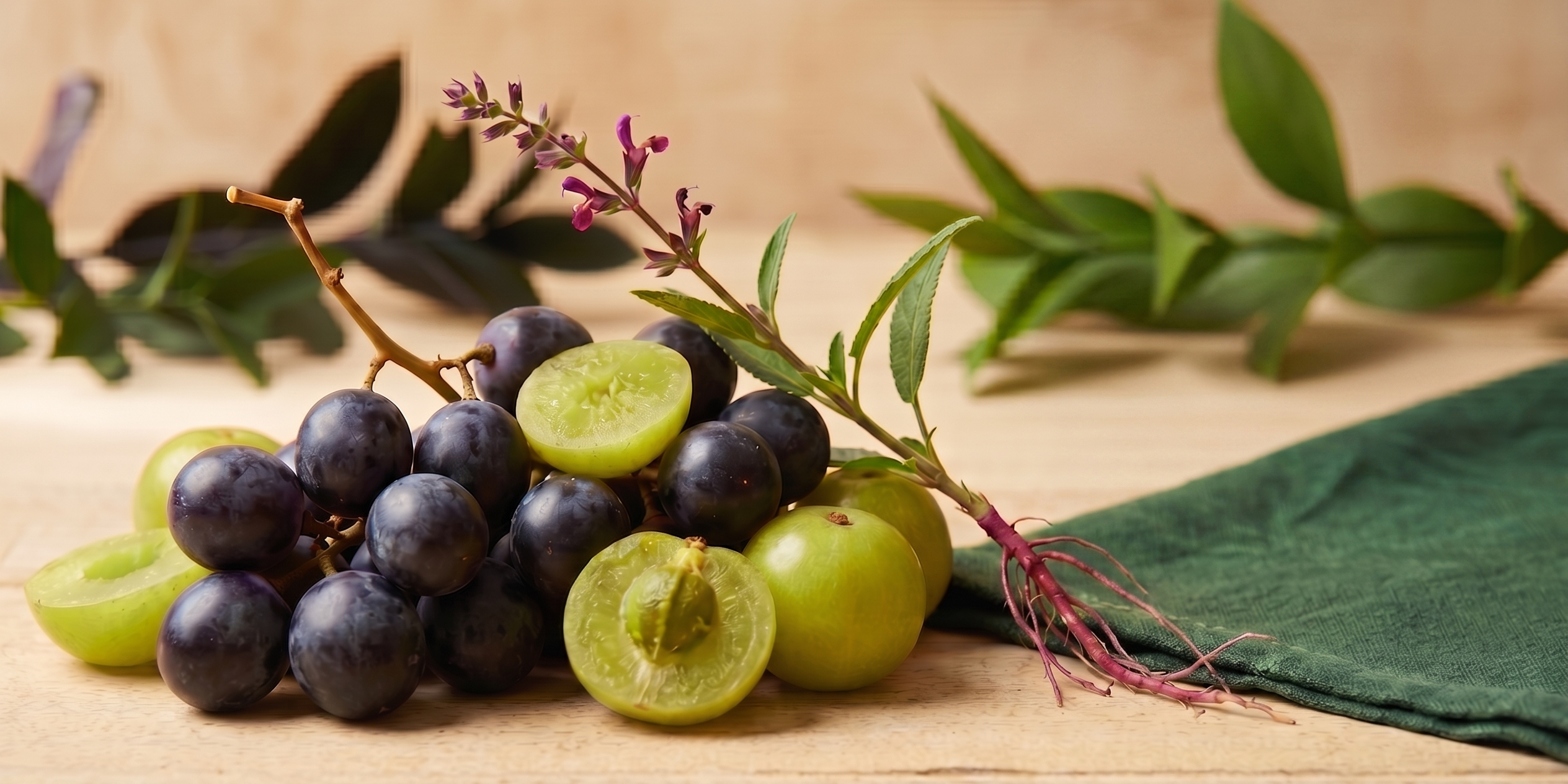 Wine grapes, amla fruit, red sage sprig arranged on a cream surface.