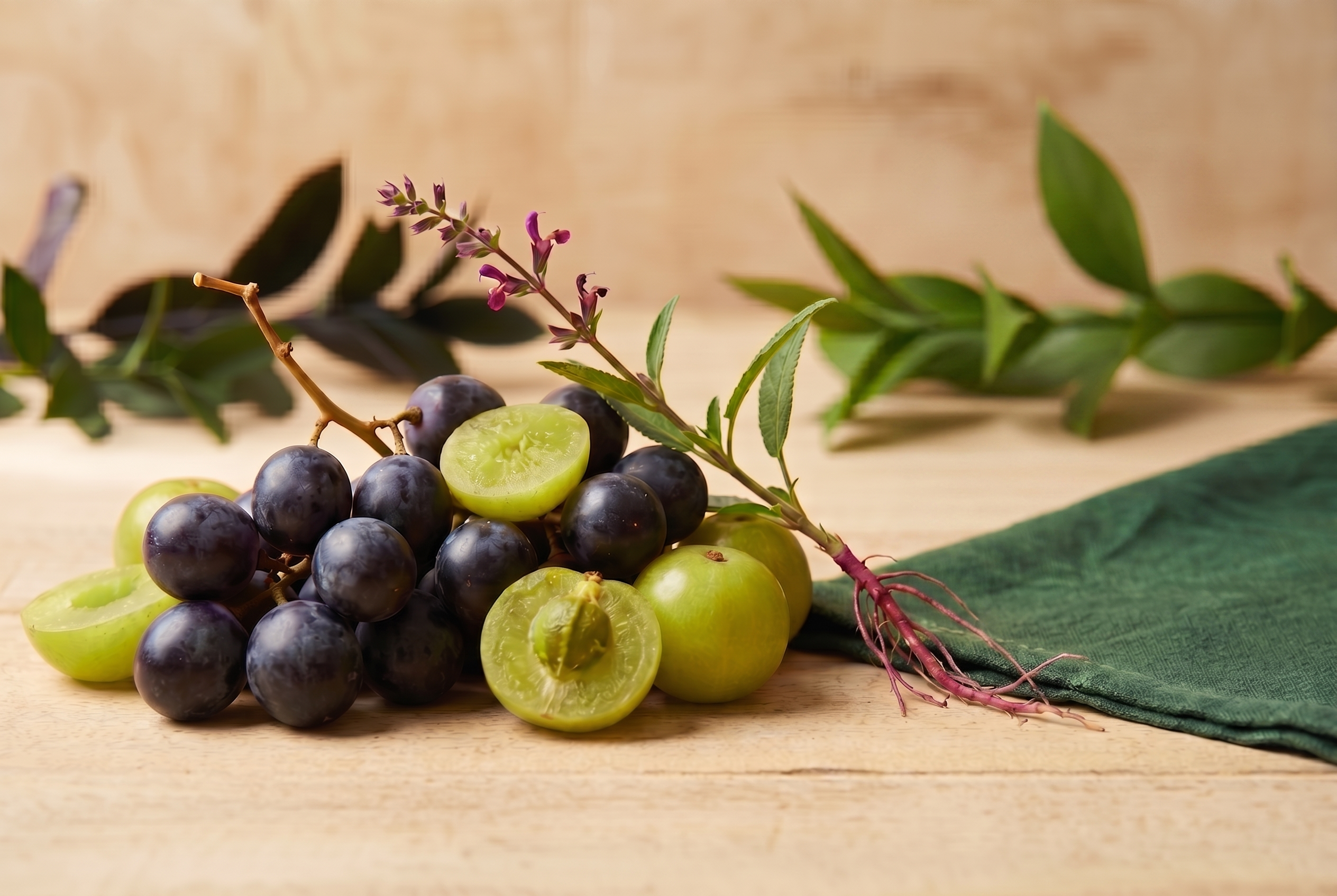 Wine grapes, amla fruit, red sage sprig arranged on a cream surface.