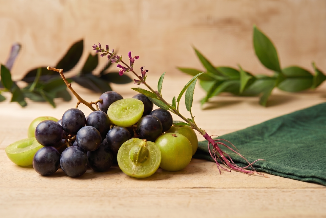 Wine grapes, amla fruit, red sage sprig arranged on a cream surface.