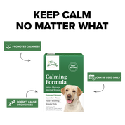 Calming Formula™ green supplement box with dog photo and daily-use icons