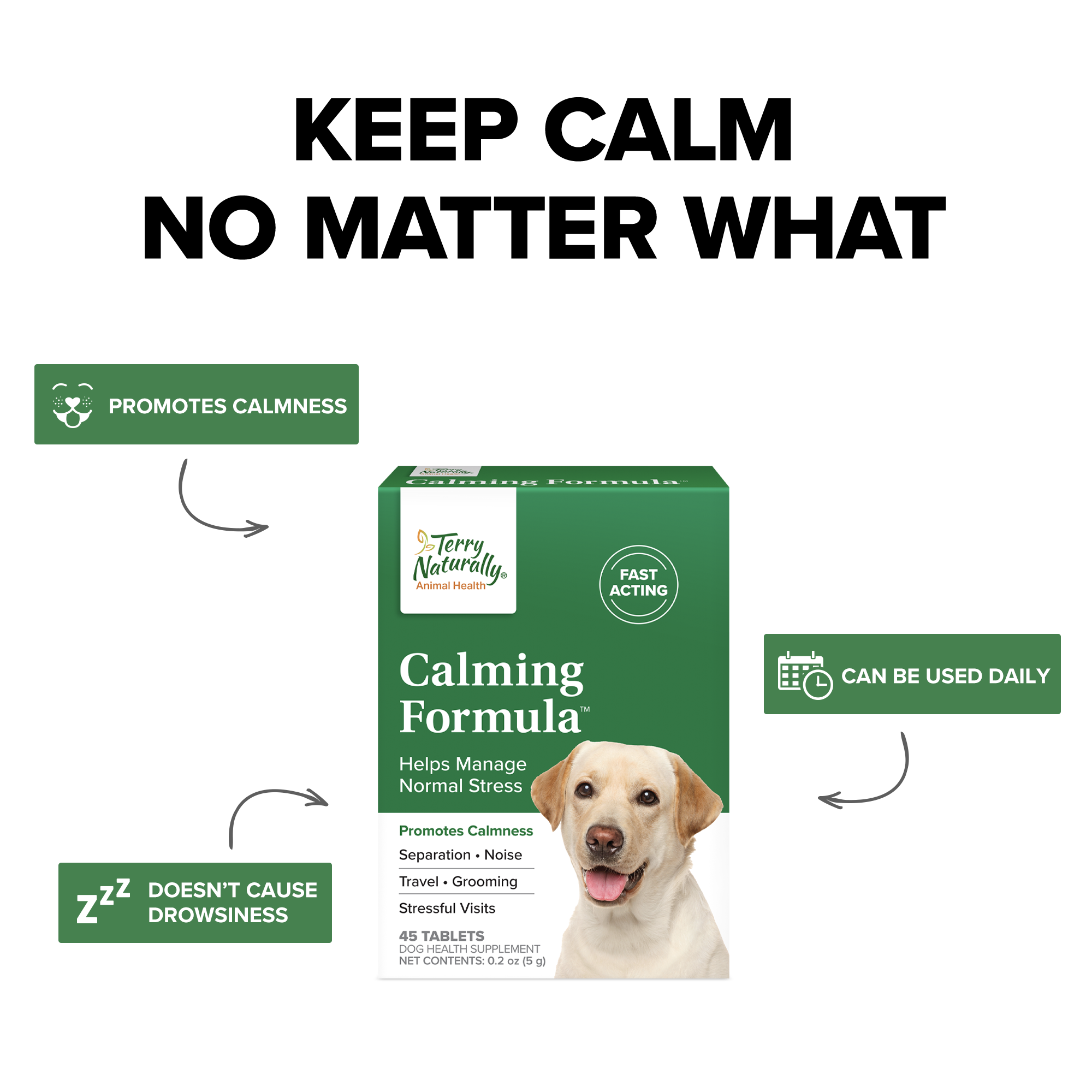 Calming Formula™ green supplement box with dog photo and daily-use icons
