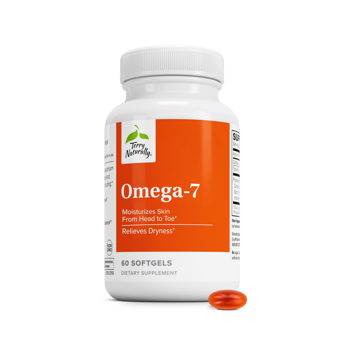 Omega-7 dietary supplement bottle with 60 softgels and one orange softgel