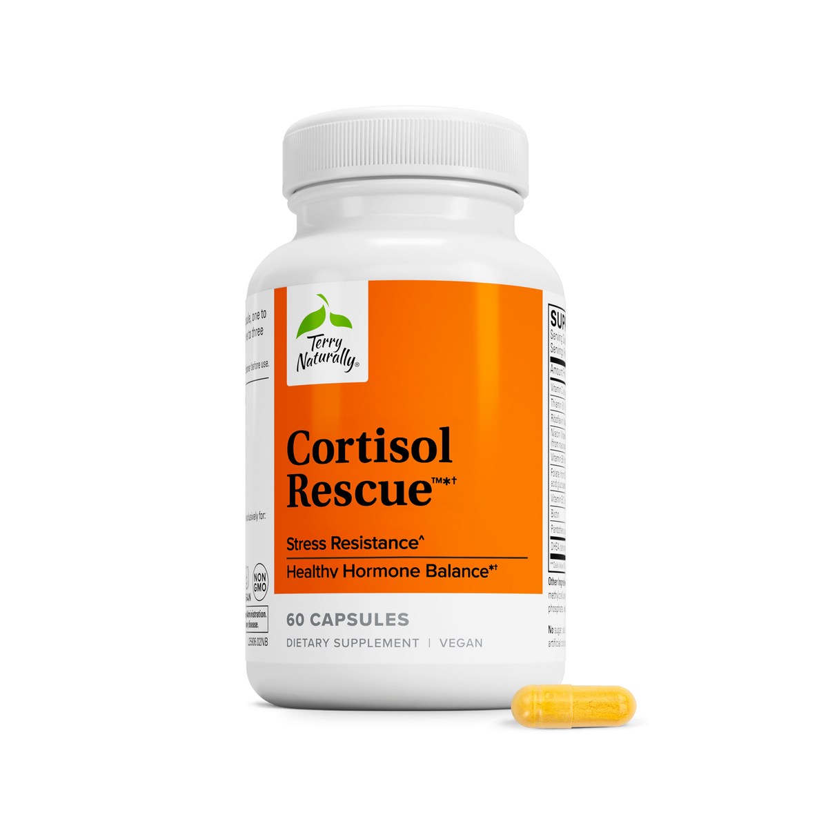 Cortisol Rescue supplement bottle with one yellow capsule