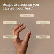 Adaptra® supplement capsule held in hand with circular graphic