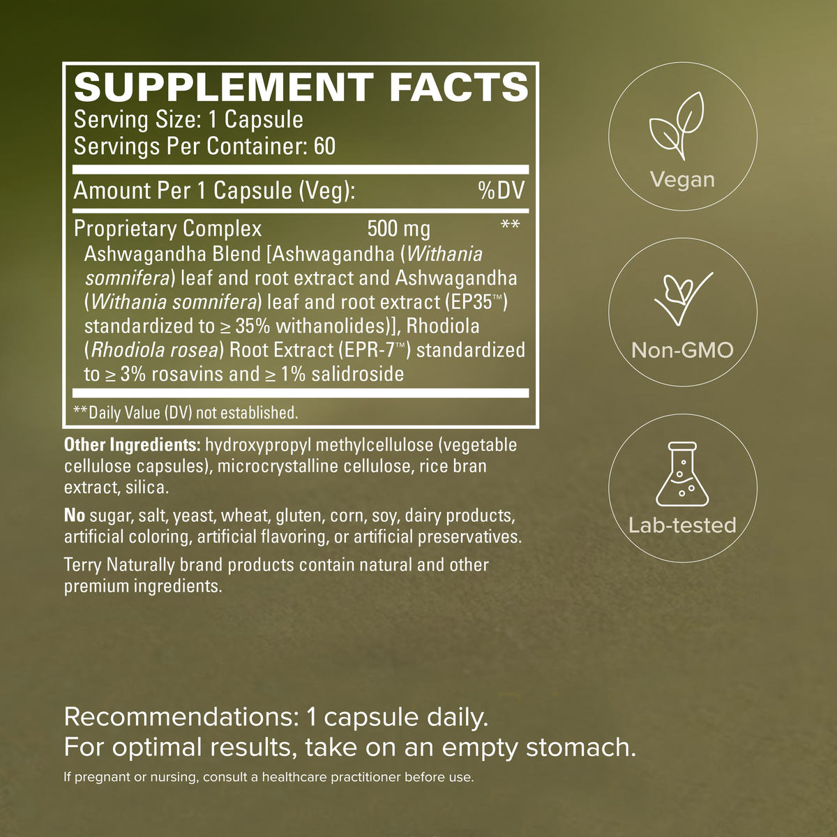 Adaptra® Supplement Facts panel with vegan and Non-GMO icons