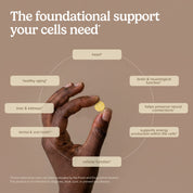 CoQ10 chewable support infographic showing a hand holding a small yellow tablet