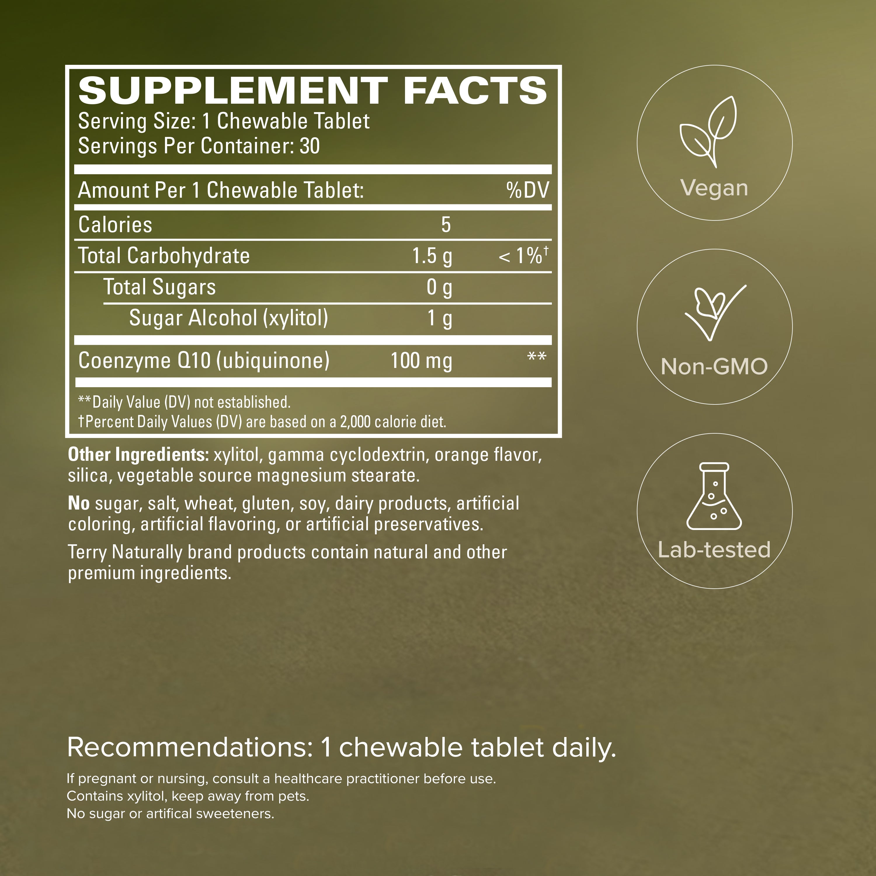 CoQ10 chewable supplement facts panel with vegan and lab-tested icons
