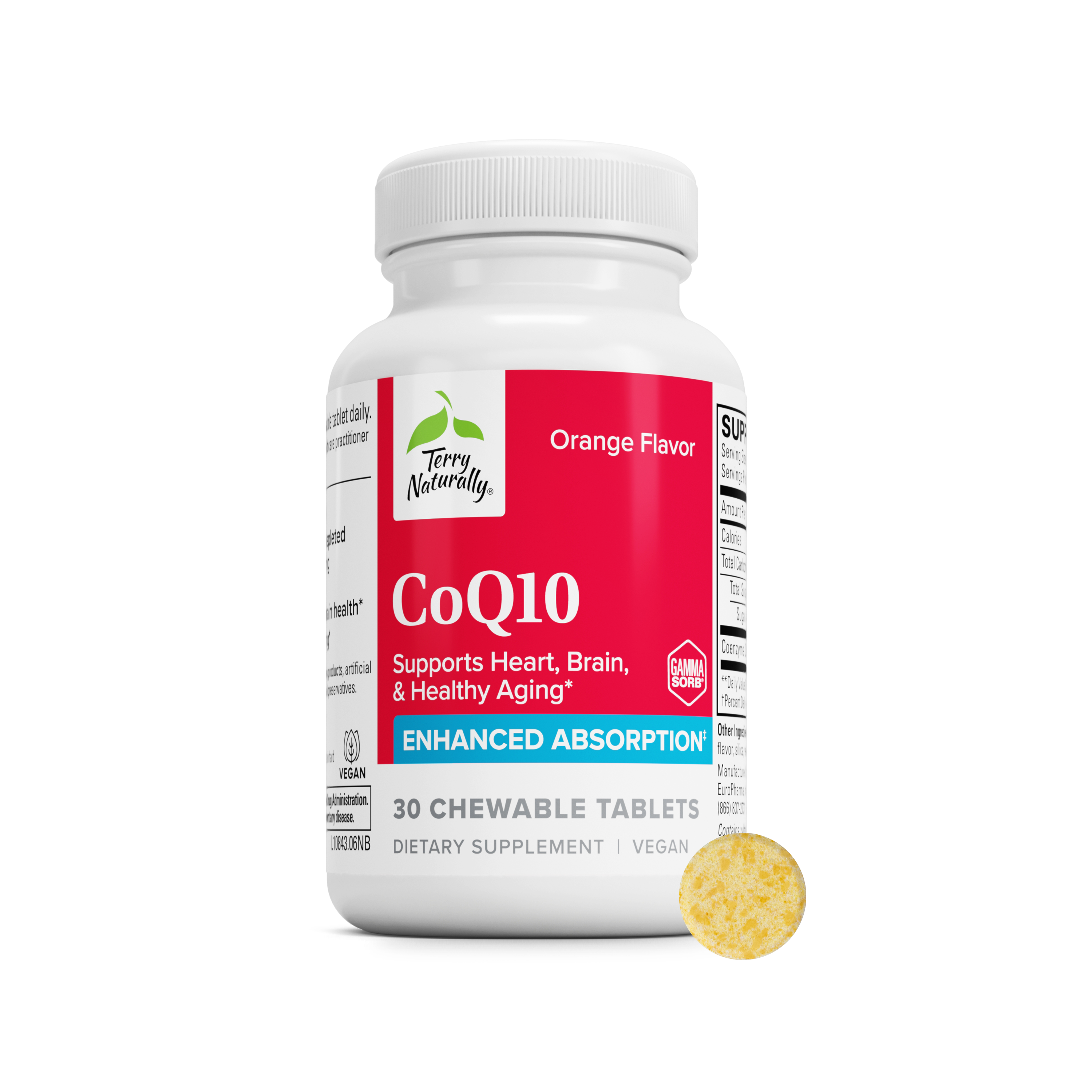 CoQ10 chewable supplement bottle with white cap and orange flavor label
