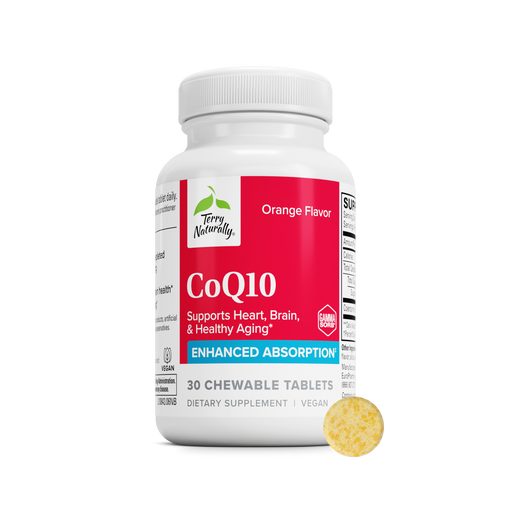 CoQ10 chewable supplement bottle with white cap and orange flavor label