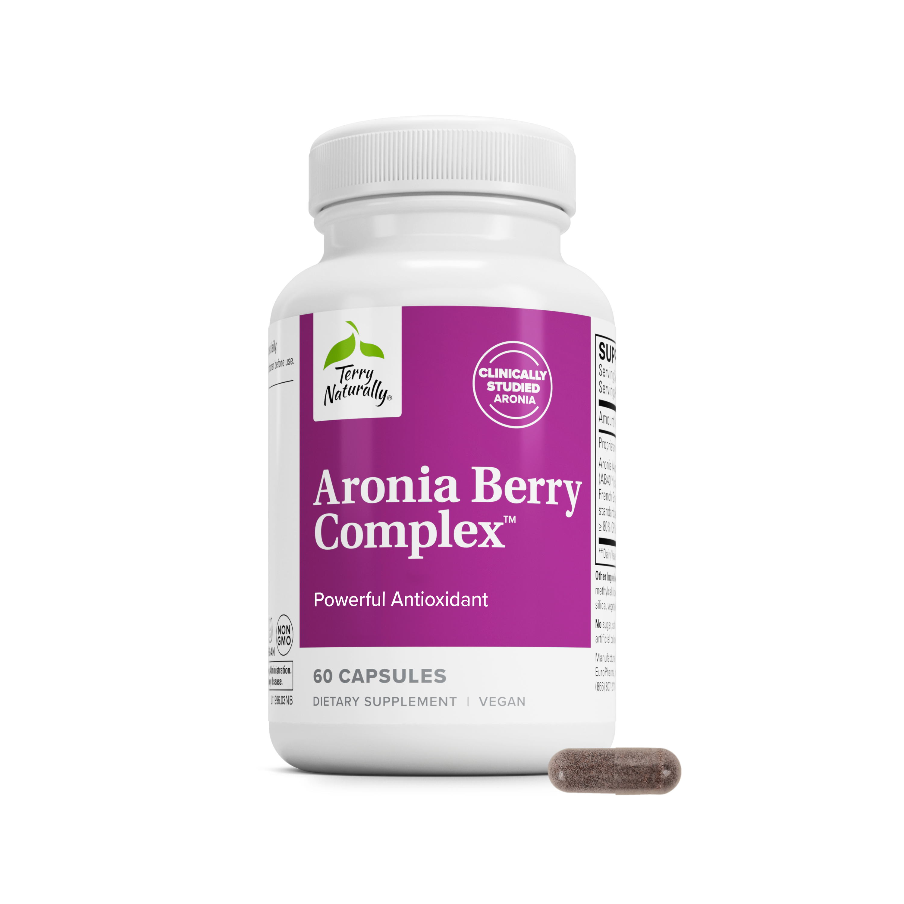 Aronia Berry Complex supplement bottle with purple label and 60 capsules