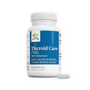 Thyroid Care Plus dietary supplement bottle with blue label and loose capsule, 60 count