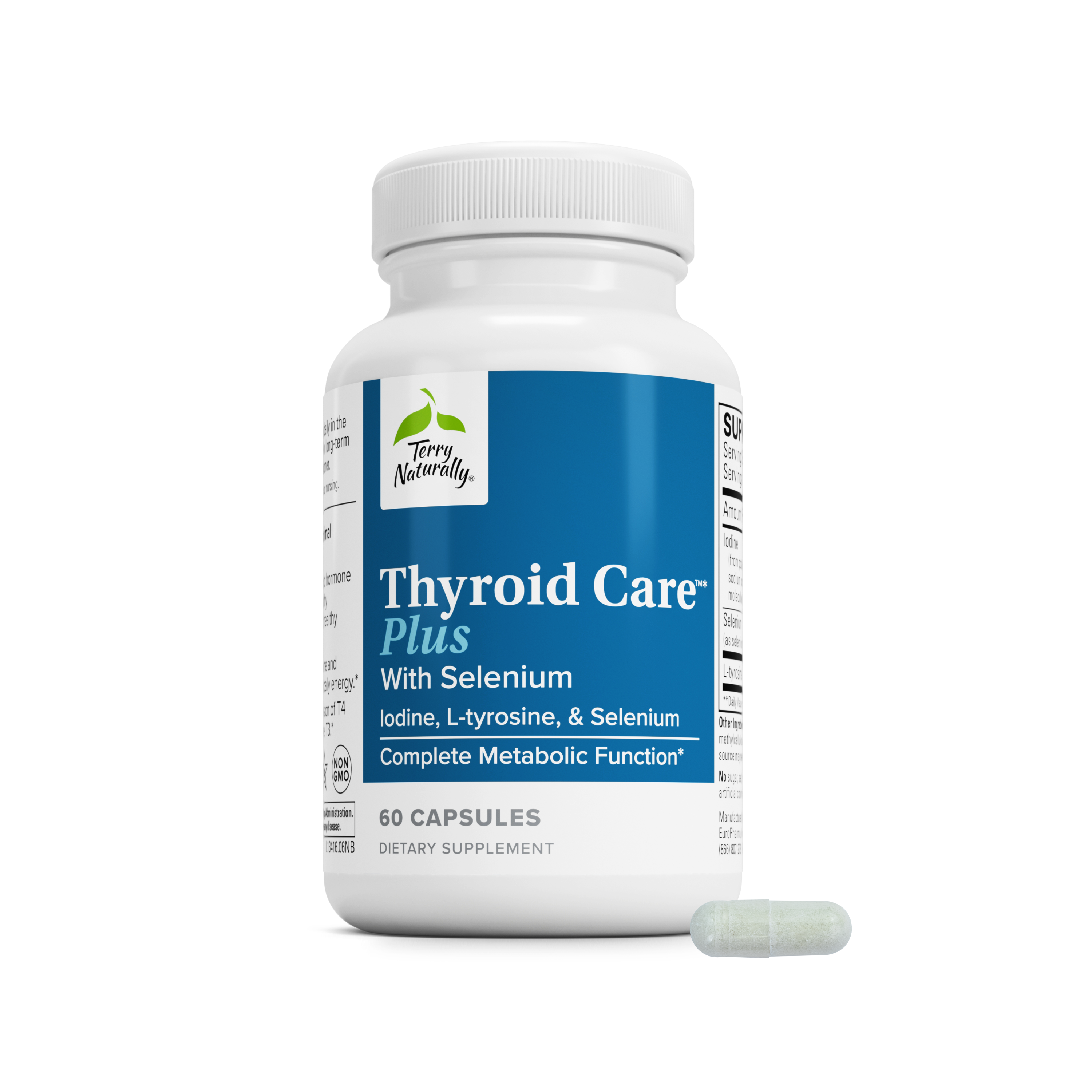 Thyroid Care Plus dietary supplement bottle with blue label and loose capsule, 60 count