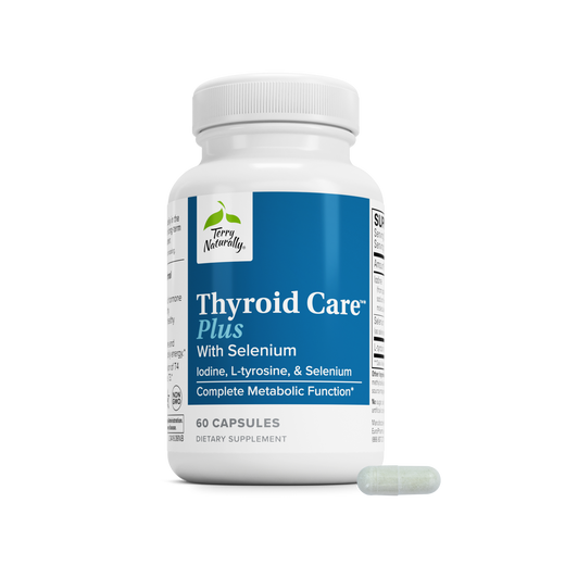 Thyroid Care Plus dietary supplement bottle with blue label and loose capsule, 60 count