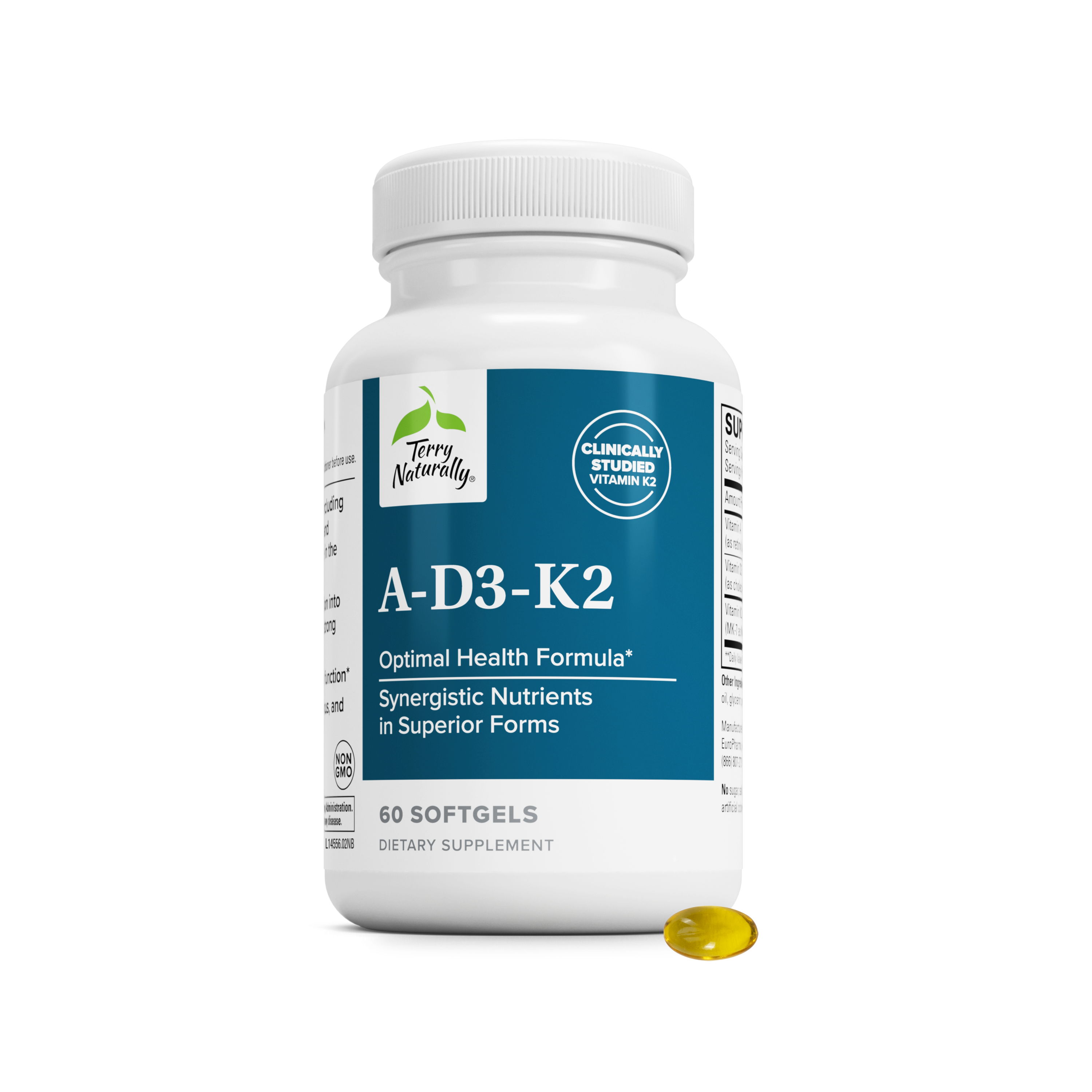 Dietary supplement bottle with white cap and teal label, 60 softgels