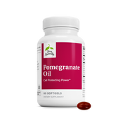 Pomegranate oil dietary supplement bottle with 60 softgels and single red softgel
