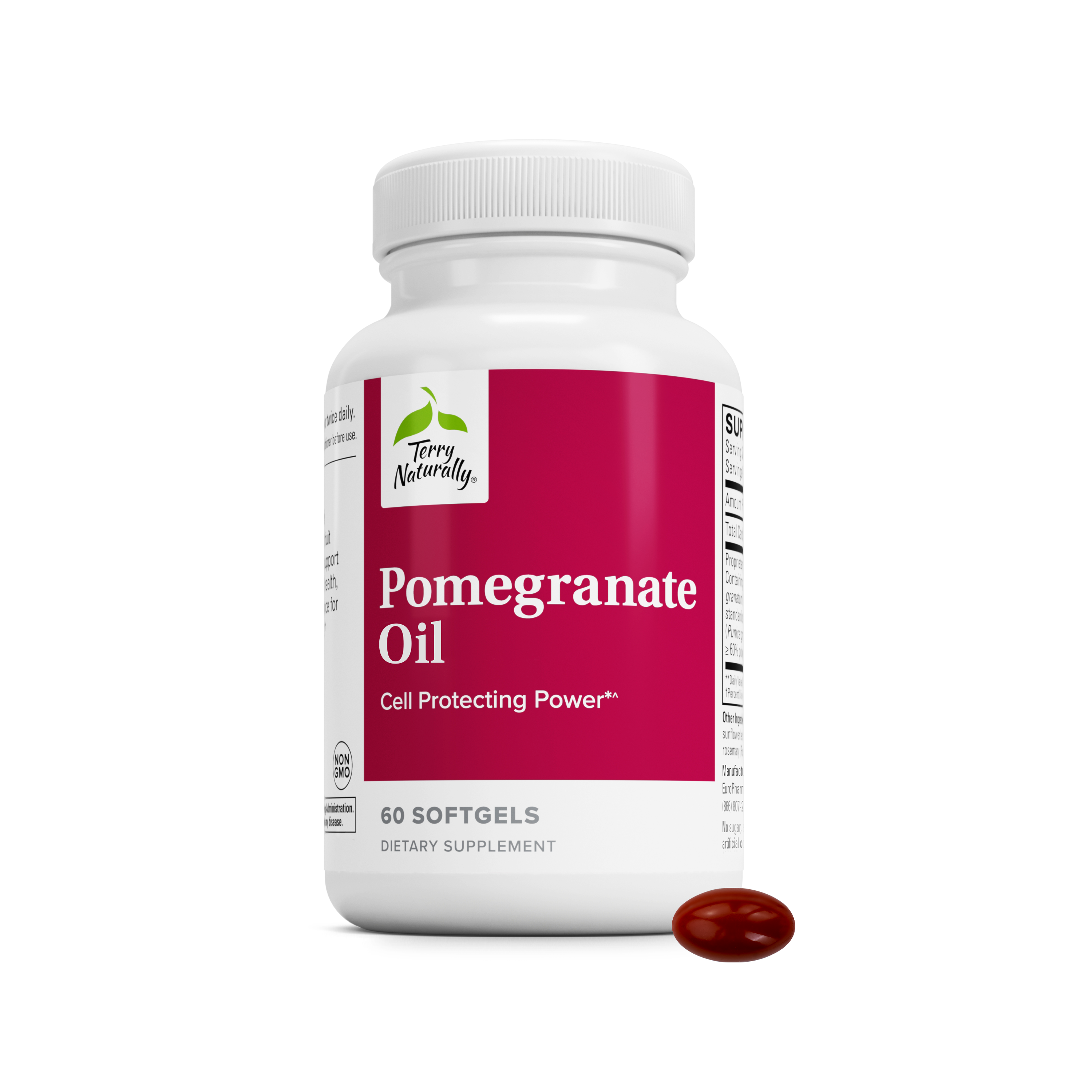 Pomegranate oil dietary supplement bottle with 60 softgels and single red softgel