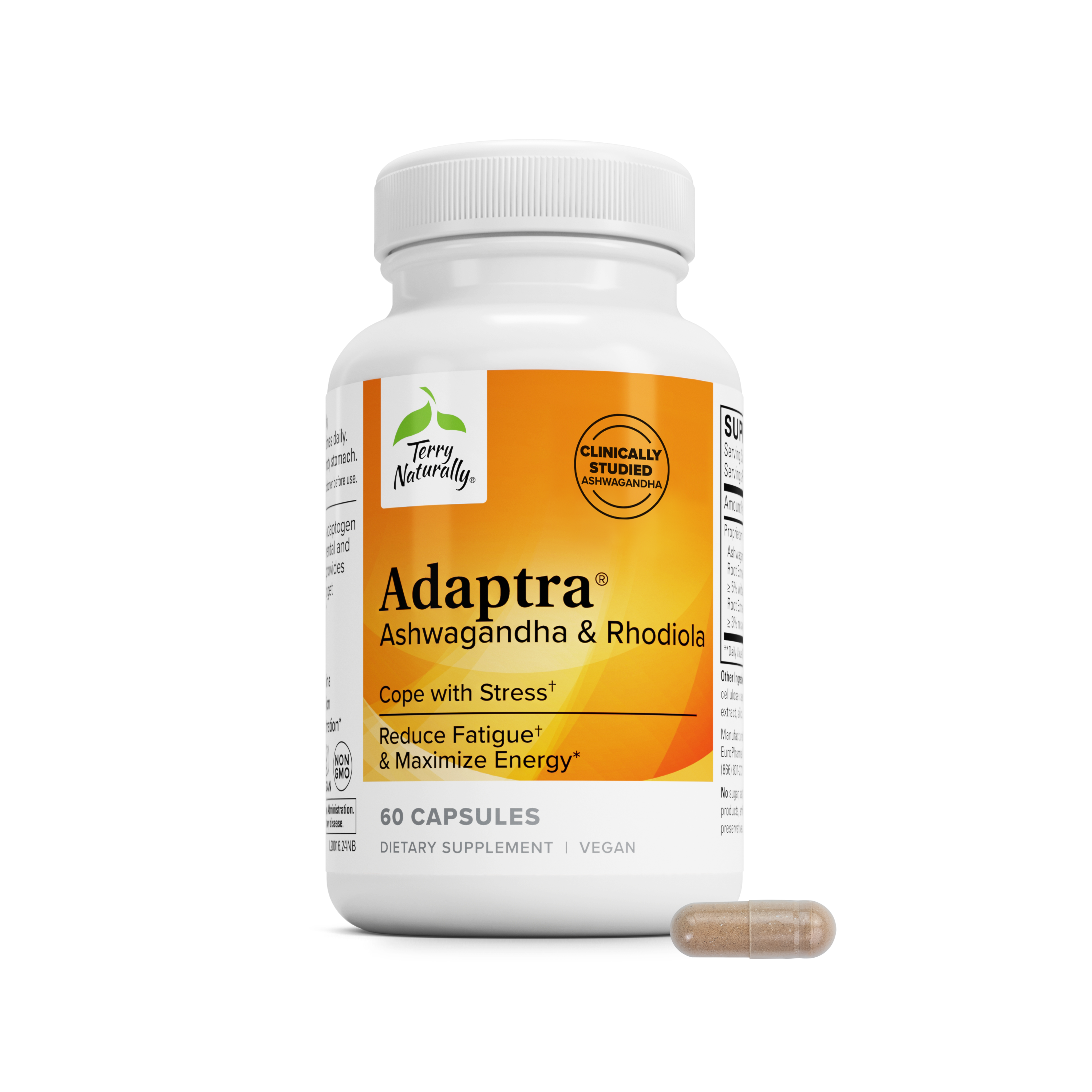 Adaptra® ashwagandha & rhodiola supplement bottle, 60 capsules, with capsule