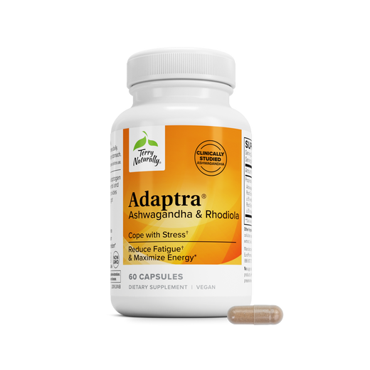 Adaptra® ashwagandha & rhodiola supplement bottle, 60 capsules, with capsule