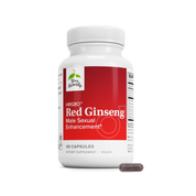 Red ginseng male enhancement supplement bottle with white cap and red label