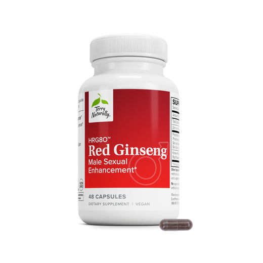 Red ginseng male enhancement supplement bottle with white cap and red label