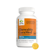 CuraMed® chewable supplement bottle with a yellow tablet