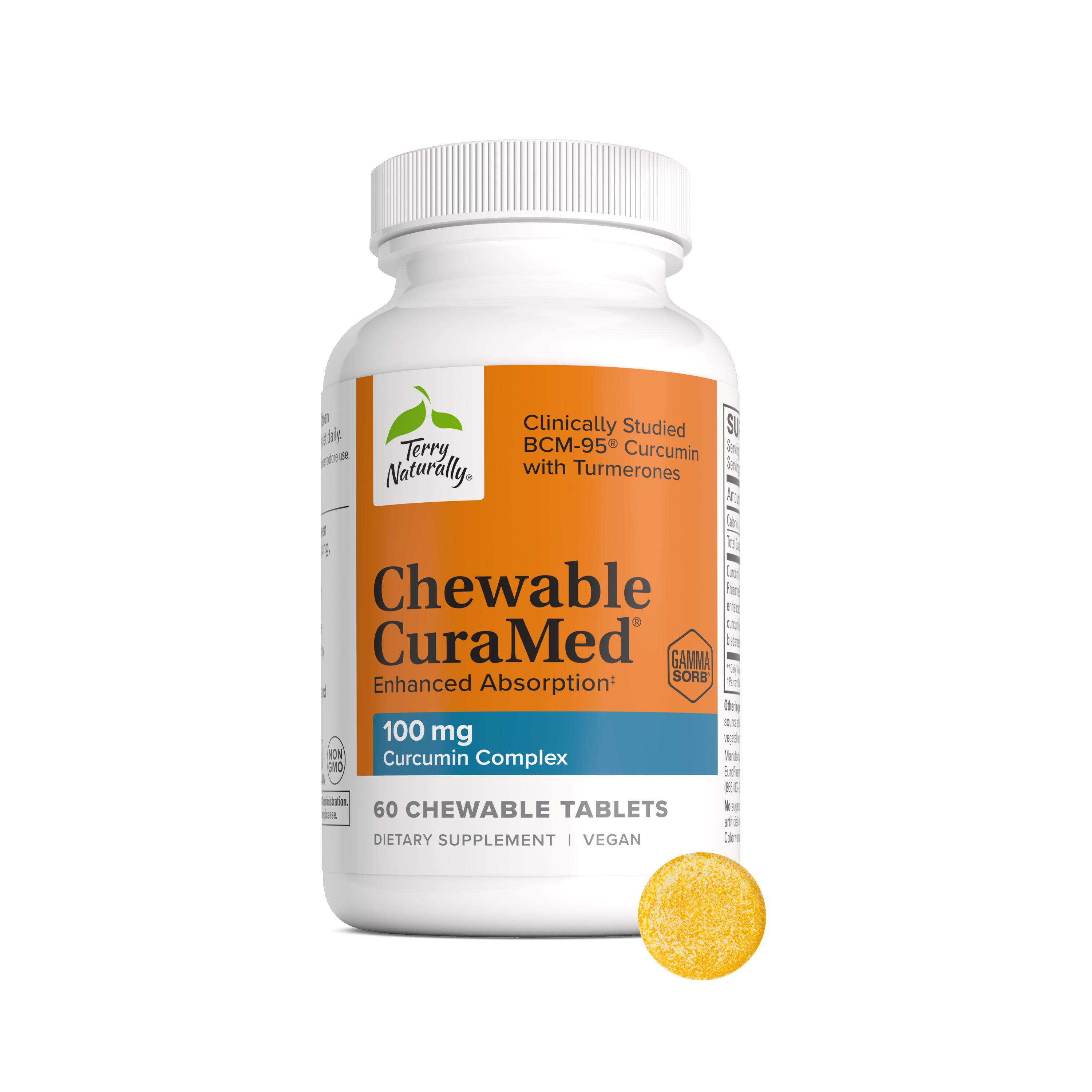 CuraMed® chewable supplement bottle with a yellow tablet
