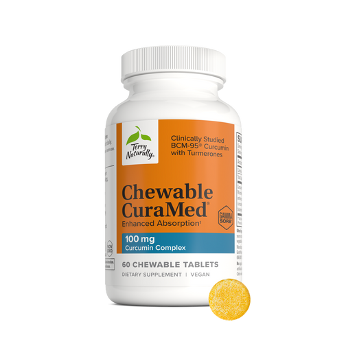CuraMed® chewable supplement bottle with a yellow tablet