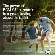 CuraMed® chewable tablet promotion with an adult and child playing soccer