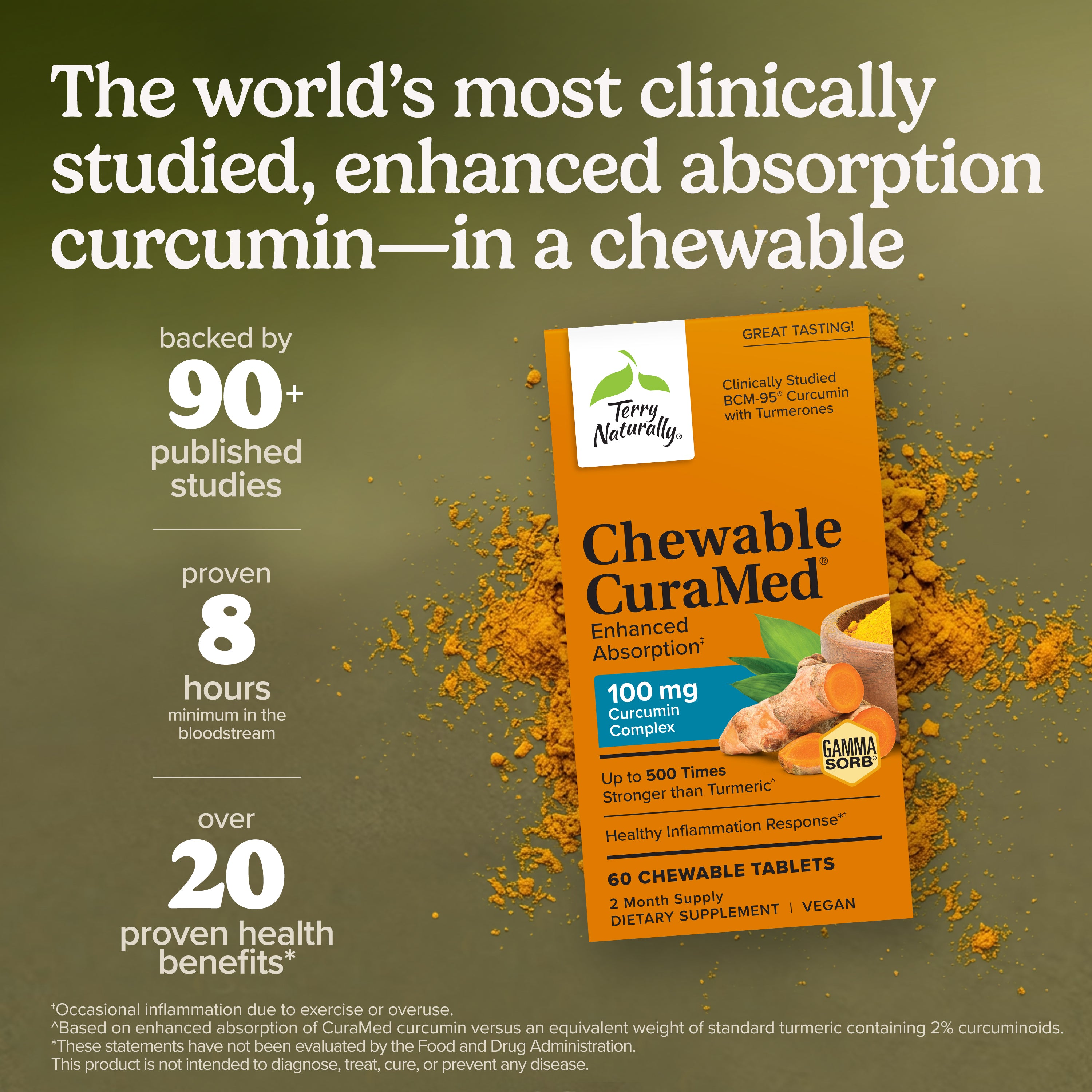CuraMed® chewable supplement box beside a turmeric powder graphic