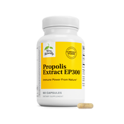 Propolis Extract EP300 dietary supplement bottle with yellow label, 60 capsules and one capsule