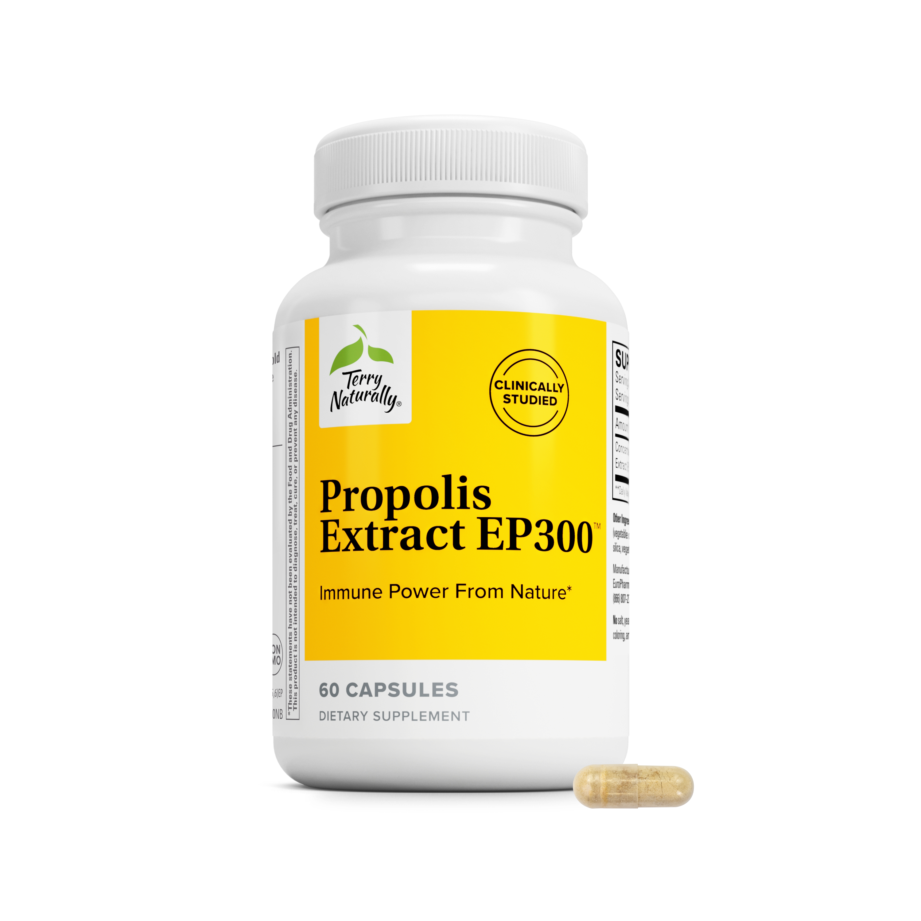 Propolis Extract EP300 dietary supplement bottle with yellow label, 60 capsules and one capsule