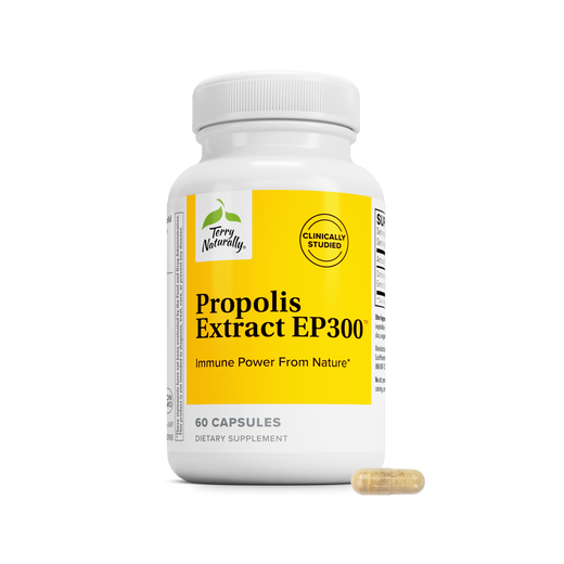 Propolis Extract EP300 dietary supplement bottle with yellow label, 60 capsules and one capsule