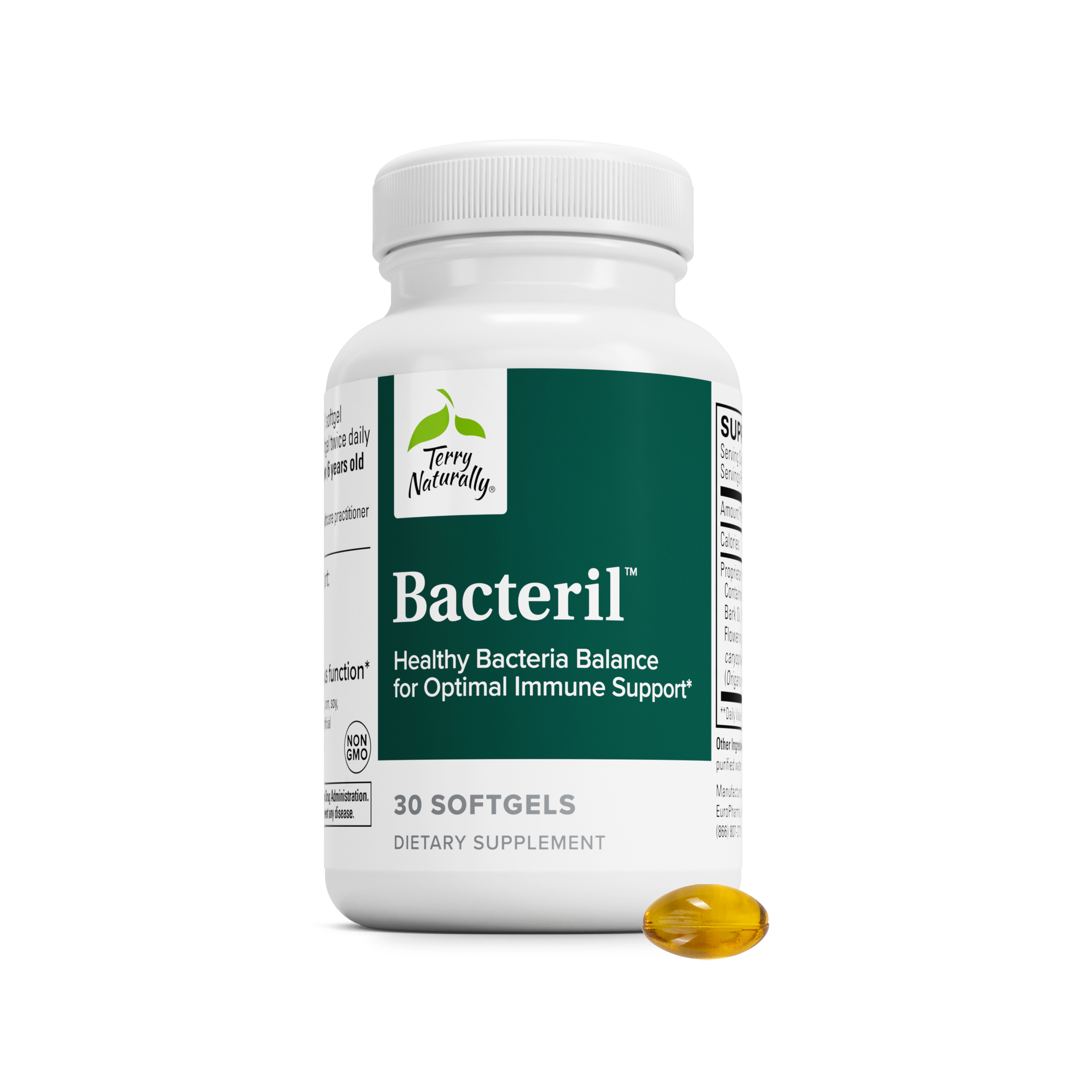 Bacteril™ supplement bottle with white cap, green label, 30 softgels