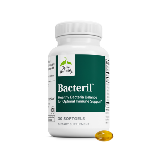 Bacteril™ supplement bottle with white cap, green label, 30 softgels