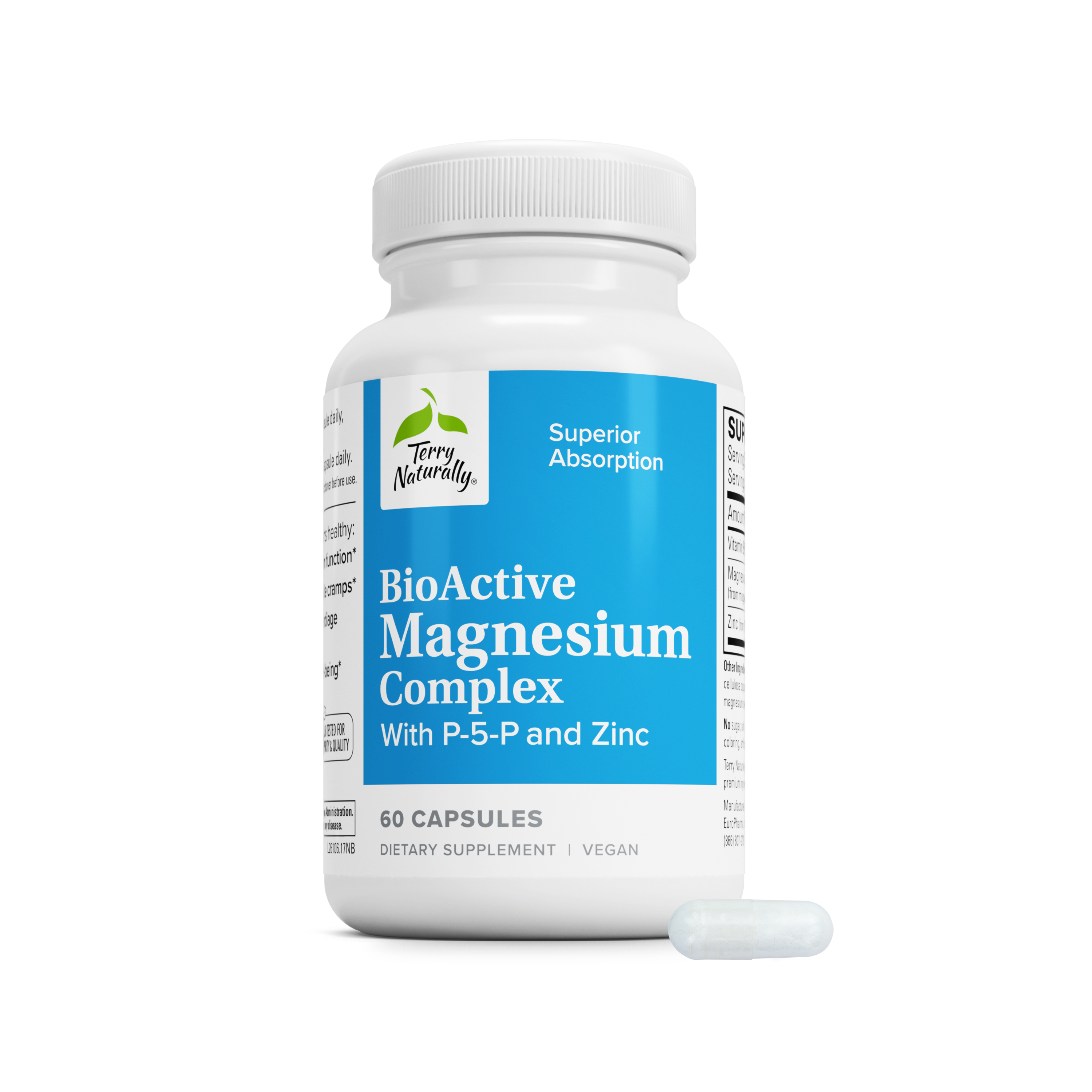 White supplement bottle with blue label and white cap, plus a loose capsule