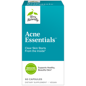 Vegan acne essentials supplement box, 60 capsules, teal and white packaging