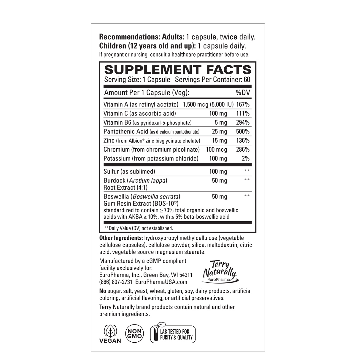 Supplement facts label panel for vegan acne supplement capsules