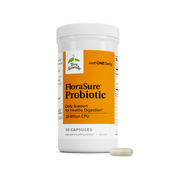 FloraSure® Probiotic bottle with orange label and one capsule