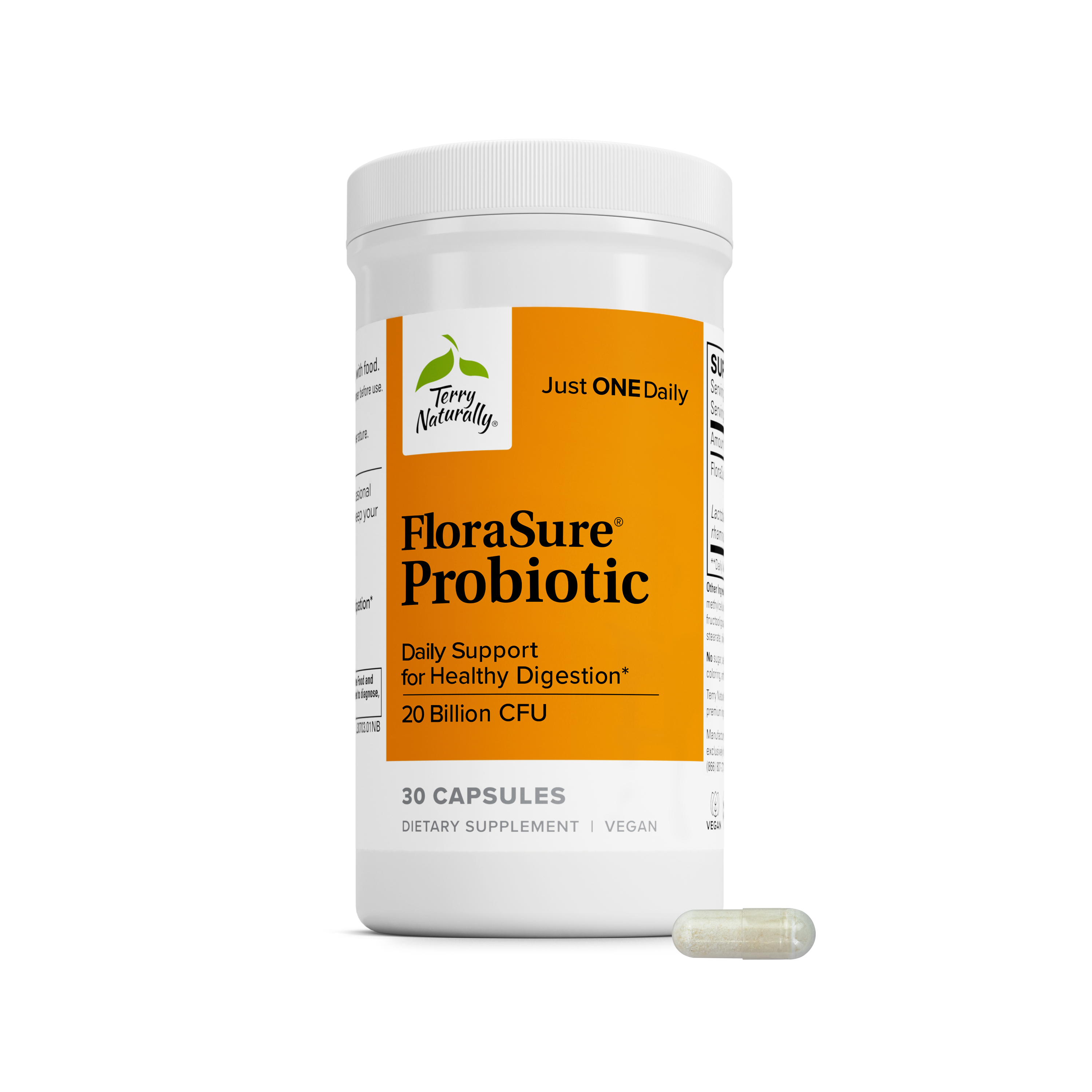 FloraSure® Probiotic bottle with orange label and one capsule